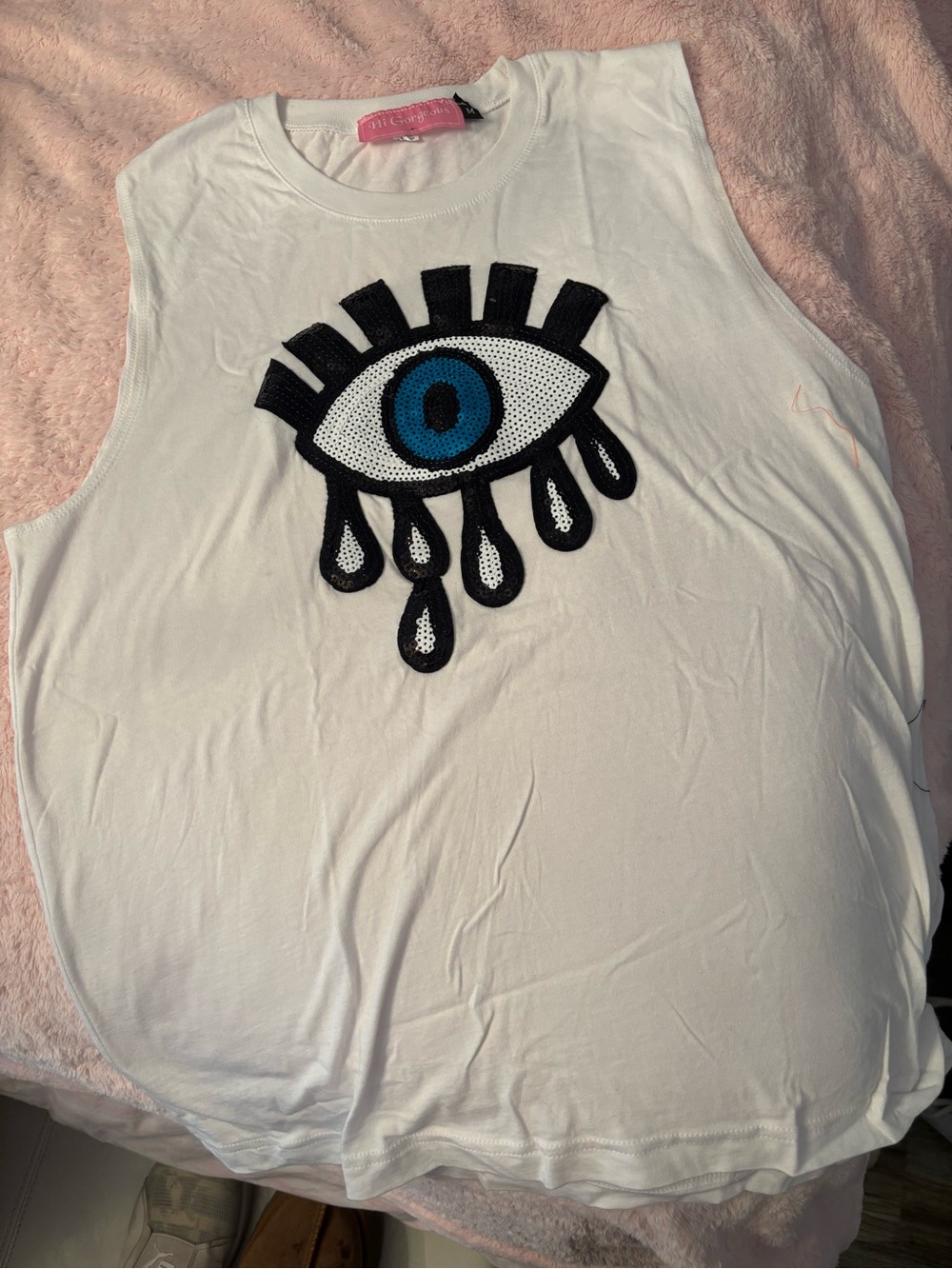 White Sleeveless Tee with Blue Eye Sequin Patch